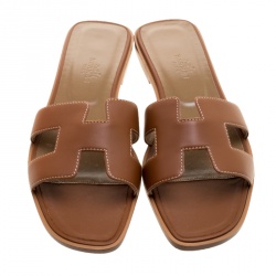 Hermes Brown Leather Oran Flat Sandals Size 39