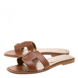 Hermes Brown Leather Oran Flat Sandals Size 39
