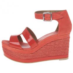 Pre Owned Hermes Peach Patent Leather and Suede Ilana Espadrille Wedge Sandals Size 38