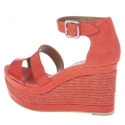 Pre Owned Hermes Peach Patent Leather and Suede Ilana Espadrille Wedge Sandals Size 38