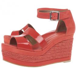 Pre Owned Hermes Peach Patent Leather and Suede Ilana Espadrille Wedge Sandals Size 38