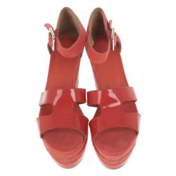 Pre Owned Hermes Peach Patent Leather and Suede Ilana Espadrille Wedge Sandals Size 38