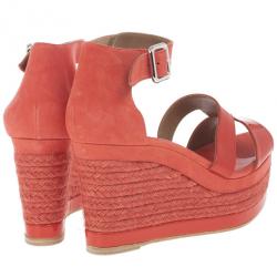 Pre Owned Hermes Peach Patent Leather and Suede Ilana Espadrille Wedge Sandals Size 38
