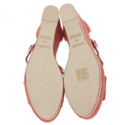 Pre Owned Hermes Peach Patent Leather and Suede Ilana Espadrille Wedge Sandals Size 38