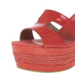 Pre Owned Hermes Peach Patent Leather and Suede Ilana Espadrille Wedge Sandals Size 38