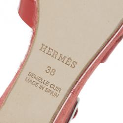 Pre Owned Hermes Peach Patent Leather and Suede Ilana Espadrille Wedge Sandals Size 38