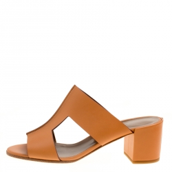 Hermes Natural Brown Leather Ostia Block Heel Sandals Size 38