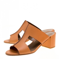 Hermes Natural Brown Leather Ostia Block Heel Sandals Size 38