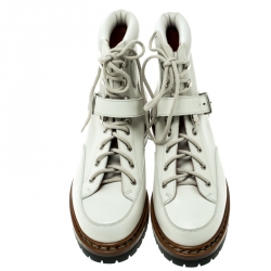 Hermes Off White Leather Ex Libris Detail Hiking Boots Size 37