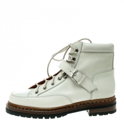 Hermes Off White Leather Ex Libris Detail Hiking Boots Size 37