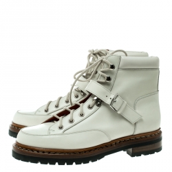 Hermes Off White Leather Ex Libris Detail Hiking Boots Size 37