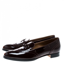 Pre Owned Hermes Burgundy Patent Leather Brogue Loafers Size 39