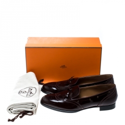 Pre Owned Hermes Burgundy Patent Leather Brogue Loafers Size 39