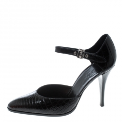Pre Owned Hermes Black Crocodile Leather Ankle Strap Pumps Size 38.5