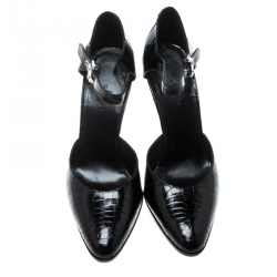 Pre Owned Hermes Black Crocodile Leather Ankle Strap Pumps Size 38.5