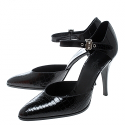 Pre Owned Hermes Black Crocodile Leather Ankle Strap Pumps Size 38.5