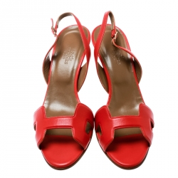 Pre Owned Hermes Orange Leather Night Slingback Sandals Size 39