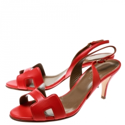 Pre Owned Hermes Orange Leather Night Slingback Sandals Size 39