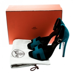 Hermes Blue/Black Suede Highlight Ankle Strap Sandals Size 37