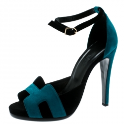 Hermes Blue/Black Suede Highlight Ankle Strap Sandals Size 37