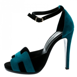 Hermes Blue/Black Suede Highlight Ankle Strap Sandals Size 37