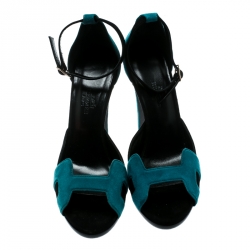 Hermes Blue/Black Suede Highlight Ankle Strap Sandals Size 37
