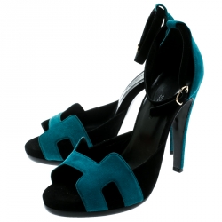 Hermes Blue/Black Suede Highlight Ankle Strap Sandals Size 37