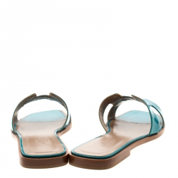 Pre Owned Hermes Teal Green Patent Leather Oran Flat Sandals Size 38