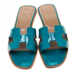 Pre Owned Hermes Teal Green Patent Leather Oran Flat Sandals Size 38