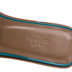 Pre Owned Hermes Teal Green Patent Leather Oran Flat Sandals Size 38