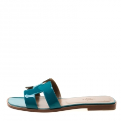 Pre Owned Hermes Teal Green Patent Leather Oran Flat Sandals Size 38