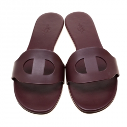 Hermes Burgunday Leather Lisboa Flat Slides Size 38