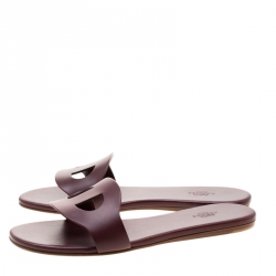 Hermes Burgunday Leather Lisboa Flat Slides Size 38