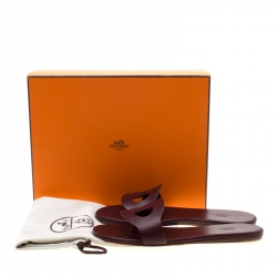 Hermes Burgunday Leather Lisboa Flat Slides Size 38