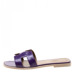 Hermes Purple Leather Oran Flat Slides Size 39