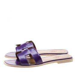 Hermes Purple Leather Oran Flat Slides Size 39