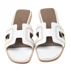 Hermes White Leather Stitch Detail Oran Flat Slides Size 36