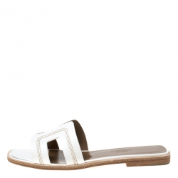 Hermes White Leather Stitch Detail Oran Flat Slides Size 36