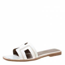 Hermes White Leather Stitch Detail Oran Flat Slides Size 36