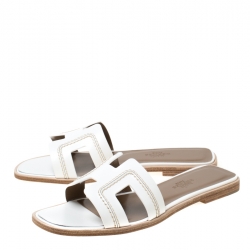 Hermes White Leather Stitch Detail Oran Flat Slides Size 36