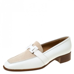 Hermes White/Beige Leather and Canvas H Constance Loafers Size 39.5