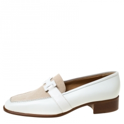 Hermes White/Beige Leather and Canvas H Constance Loafers Size 39.5