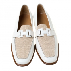 Hermes White/Beige Leather and Canvas H Constance Loafers Size 39.5