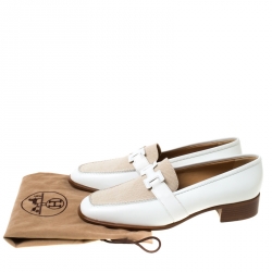 Hermes White/Beige Leather and Canvas H Constance Loafers Size 39.5