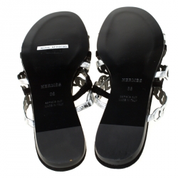 Pre Owned Hermes Metallic Silver Leather And Black Suede Chaine D'ancre Flat Sandals Size 38