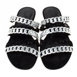 Pre Owned Hermes Metallic Silver Leather And Black Suede Chaine D'ancre Flat Sandals Size 38