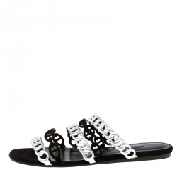 Pre Owned Hermes Metallic Silver Leather And Black Suede Chaine D'ancre Flat Sandals Size 38