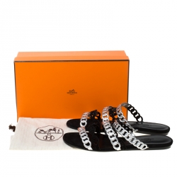 Pre Owned Hermes Metallic Silver Leather And Black Suede Chaine D'ancre Flat Sandals Size 38