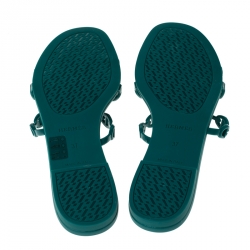 Pre Owned Hermes Green Rubber Rivage Chain Detail Slip On Flats Size 37