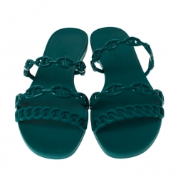 Pre Owned Hermes Green Rubber Rivage Chain Detail Slip On Flats Size 37